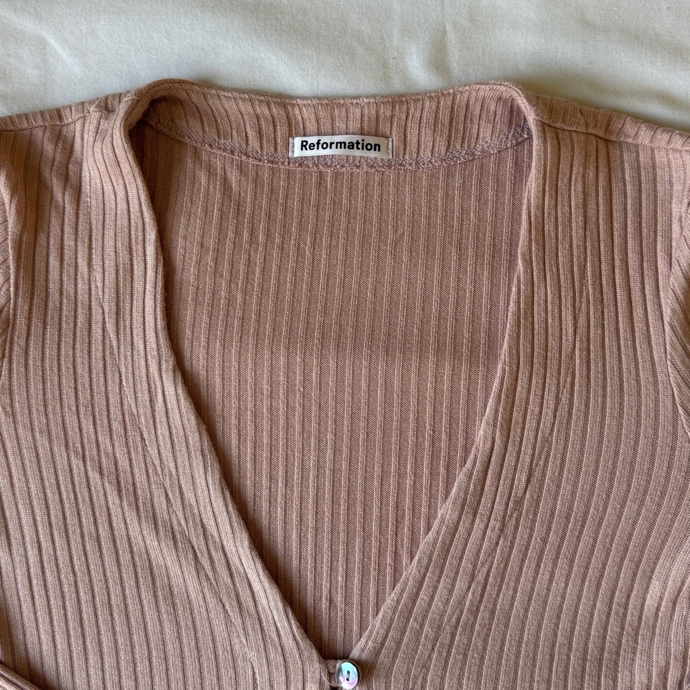 Reformation Pale Pink Ribbed Button-Front Long Sleeve Top - Picture 3 of 8